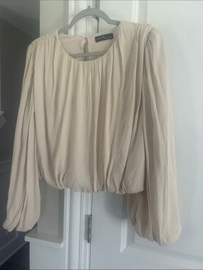 Cream Long-Sleeve Gathered Blouse